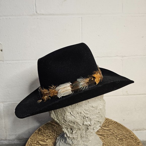 Vintage Black Felted Cowboy Hat with Black, Brown & White Feather Banding main image 4